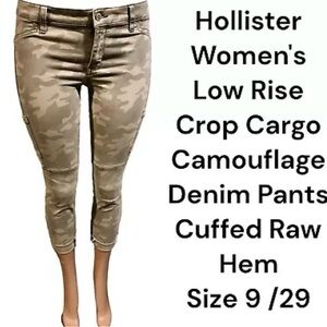 Hollister Skinny Low Rise Crop Cargo Camo Denim Pants Cuffed Raw Hem Size 9 /29